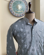 Men’s Grey Chikankari Kurta – Hand Embroidered Single Colour Cotton Kurta | House of Nandini