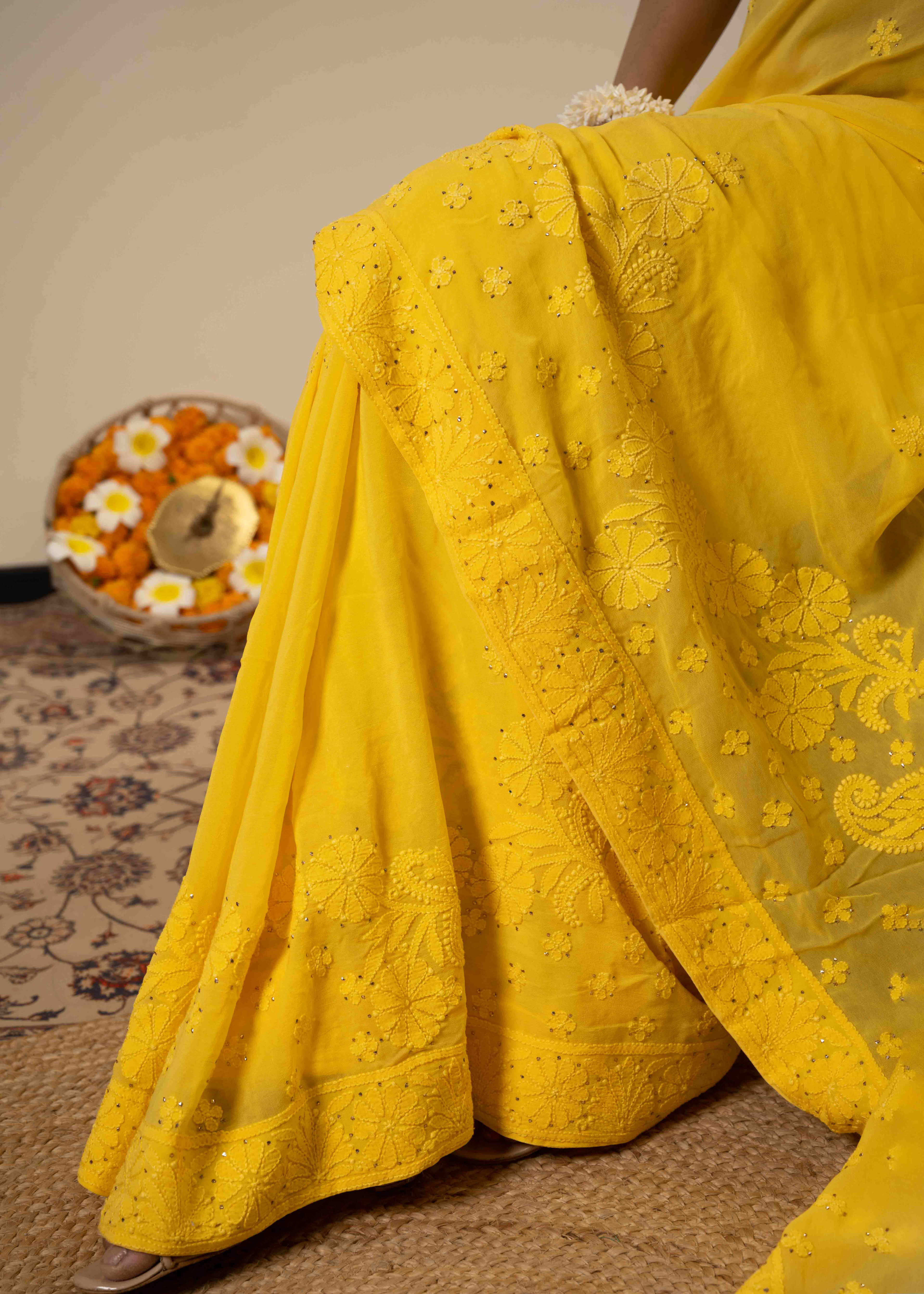 Pure Yellow Georgette saree | Lucknow Chikankari