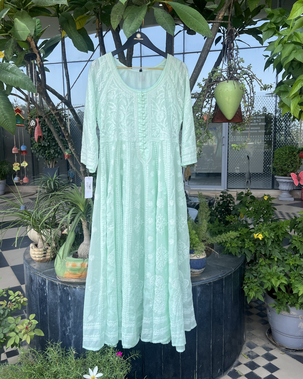 Mint Green Chikankari Angrakha Anarkali Kurta Set – Hand Embroidered Ethnic Wear | House of Nandini