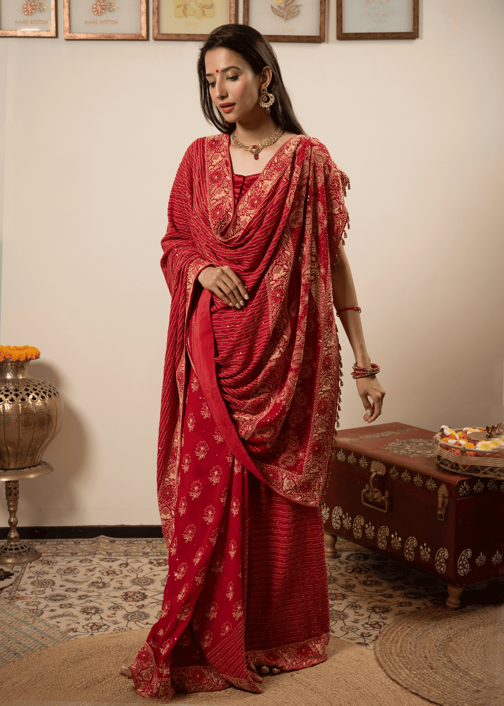 Red Hand Embroidered Saree with Zari & Mukaish Work