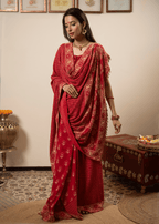 Red Hand Embroidered Saree with Zari & Mukaish Work