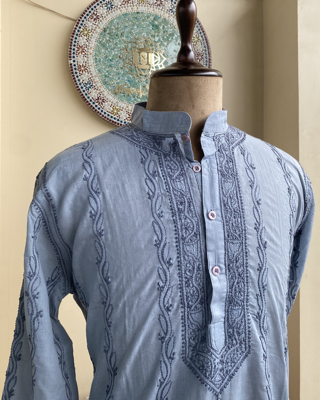 Men’s Grey Chikankari Kurta Size 42 – Hand Embroidered Kurta | House of Nandini