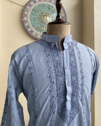 Men’s Grey Chikankari Kurta Size 42 – Hand Embroidered Kurta | House of Nandini