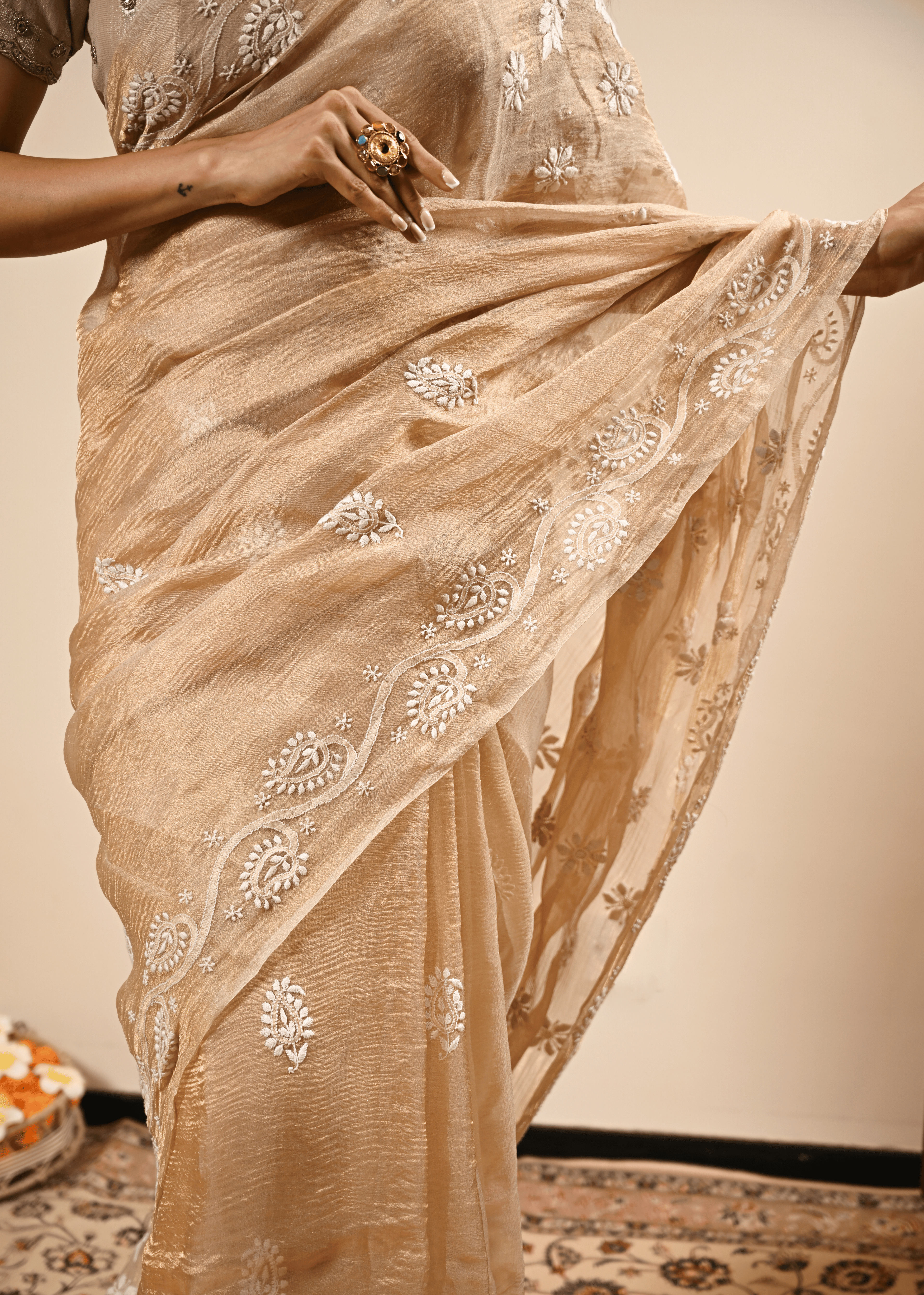 Golden Tissue Hand Embroidered Chikankari Saree