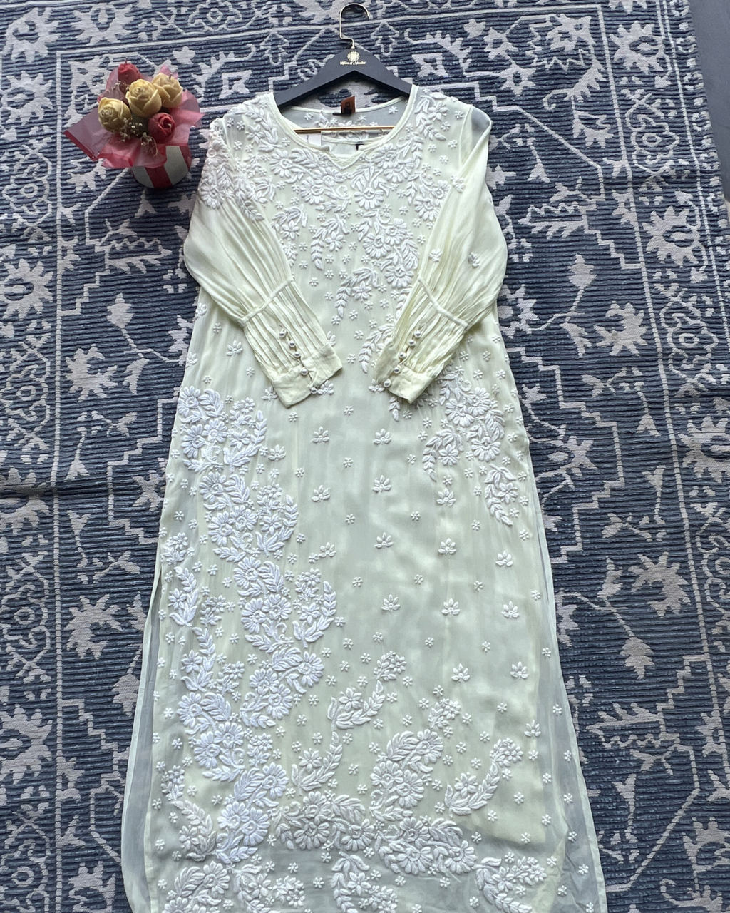 Butter Yellow Chikankari Kurti with White Floral Embroidery