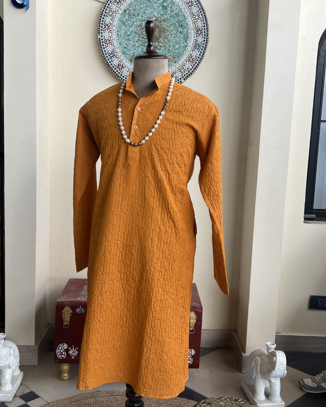 Men’s Brown Chikankari Kurta Size 42 – Hand Embroidered Ethnic Kurta | House of Nandini