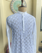 Men’s White Chikankari Kurta – Front Embroidered Handcrafted Kurta | House of Nandini