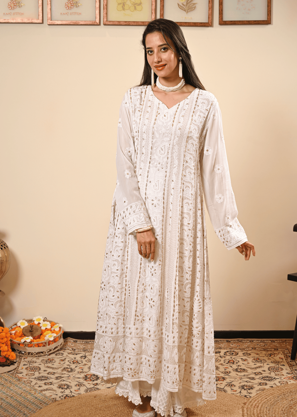 White Chikankari Georgette Anarkali Set