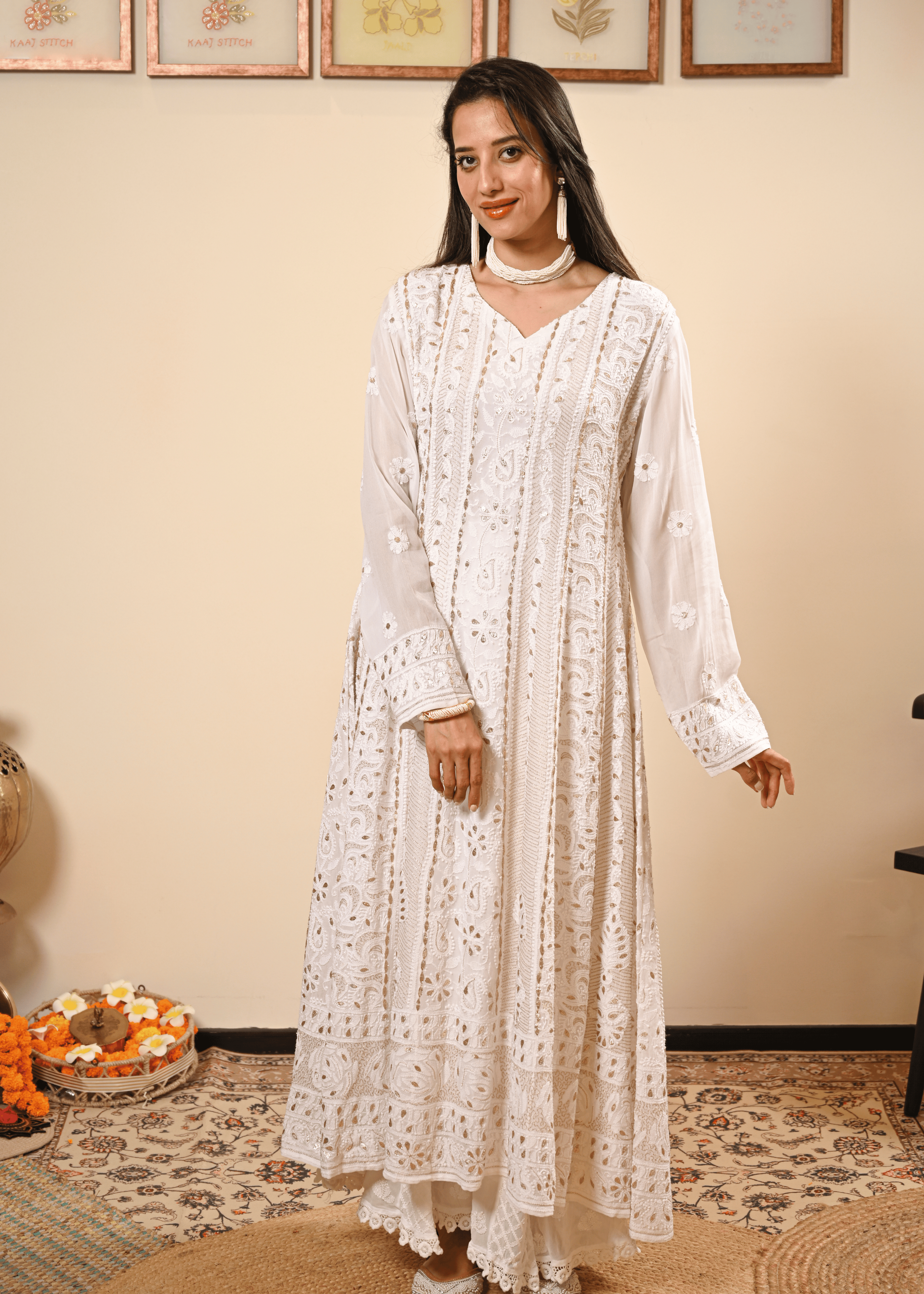White Chikankari Georgette Anarkali Set