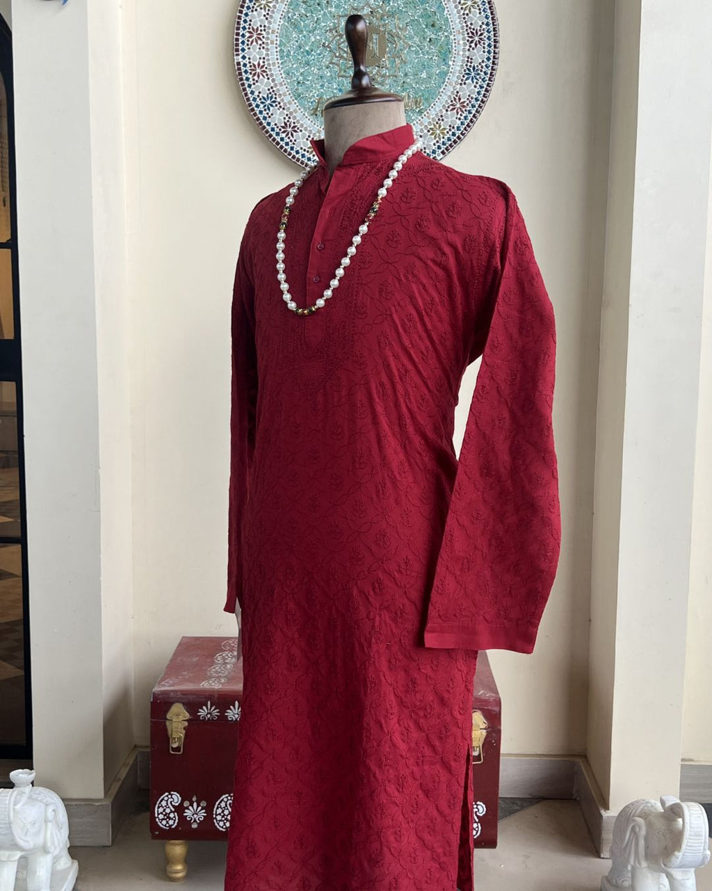 Men’s Red Chikankari Kurta Size 44 – Tone-on-Tone Hand Embroidered Ethnic Kurta | House of Nandini