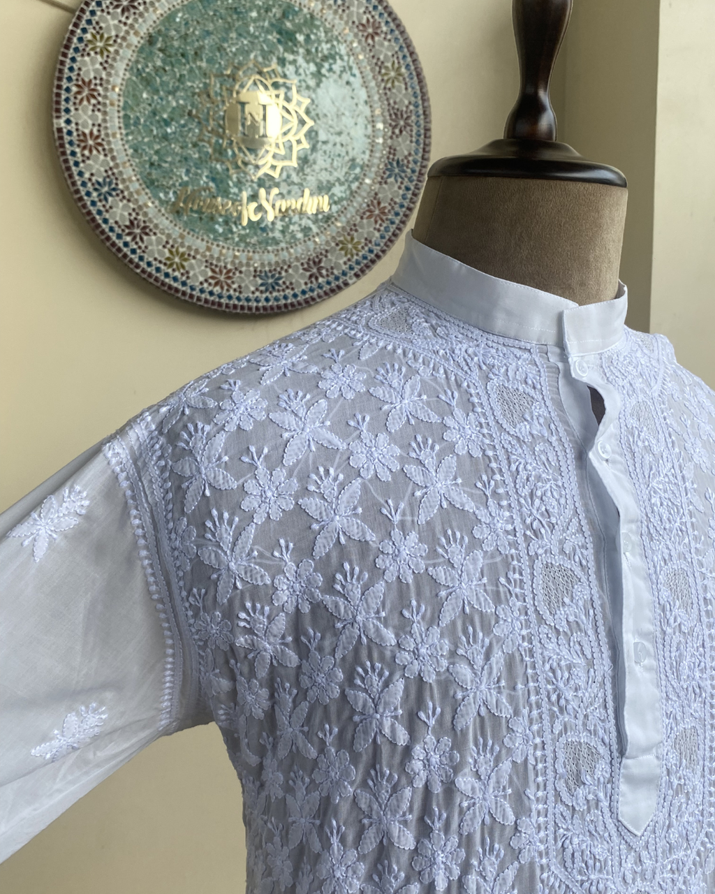 Men’s White Chikankari Kurta – Front Embroidered Handcrafted Kurta | House of Nandini
