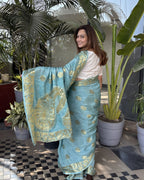 turquoise Chikankari Saree with Blouse | Lucknow Chikankari Gurgaon