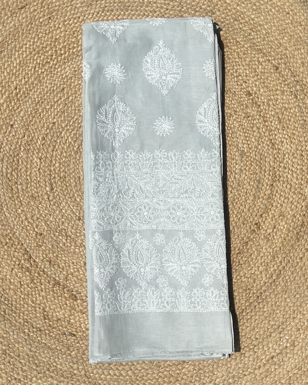 Grey Cotton Chikankari Saree with White Hand Embroidery | Handcrafted Lucknowi Cotton Saree