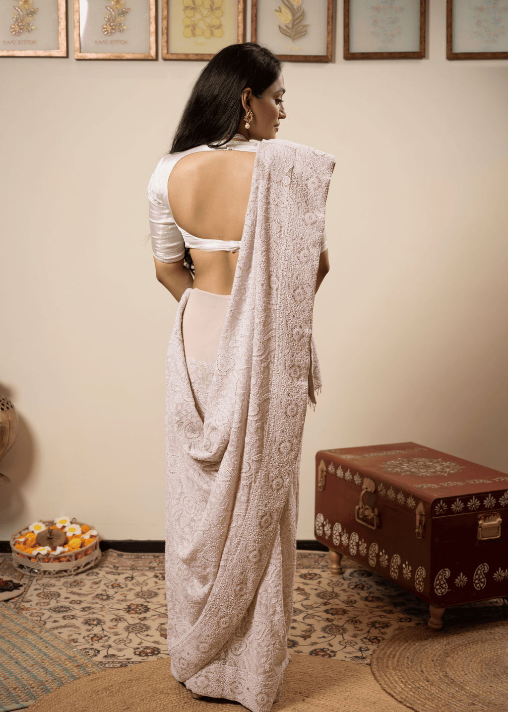 Blush Pink Hand Embroidered Chikankari Saree | Lucknowi Chikankari Saree