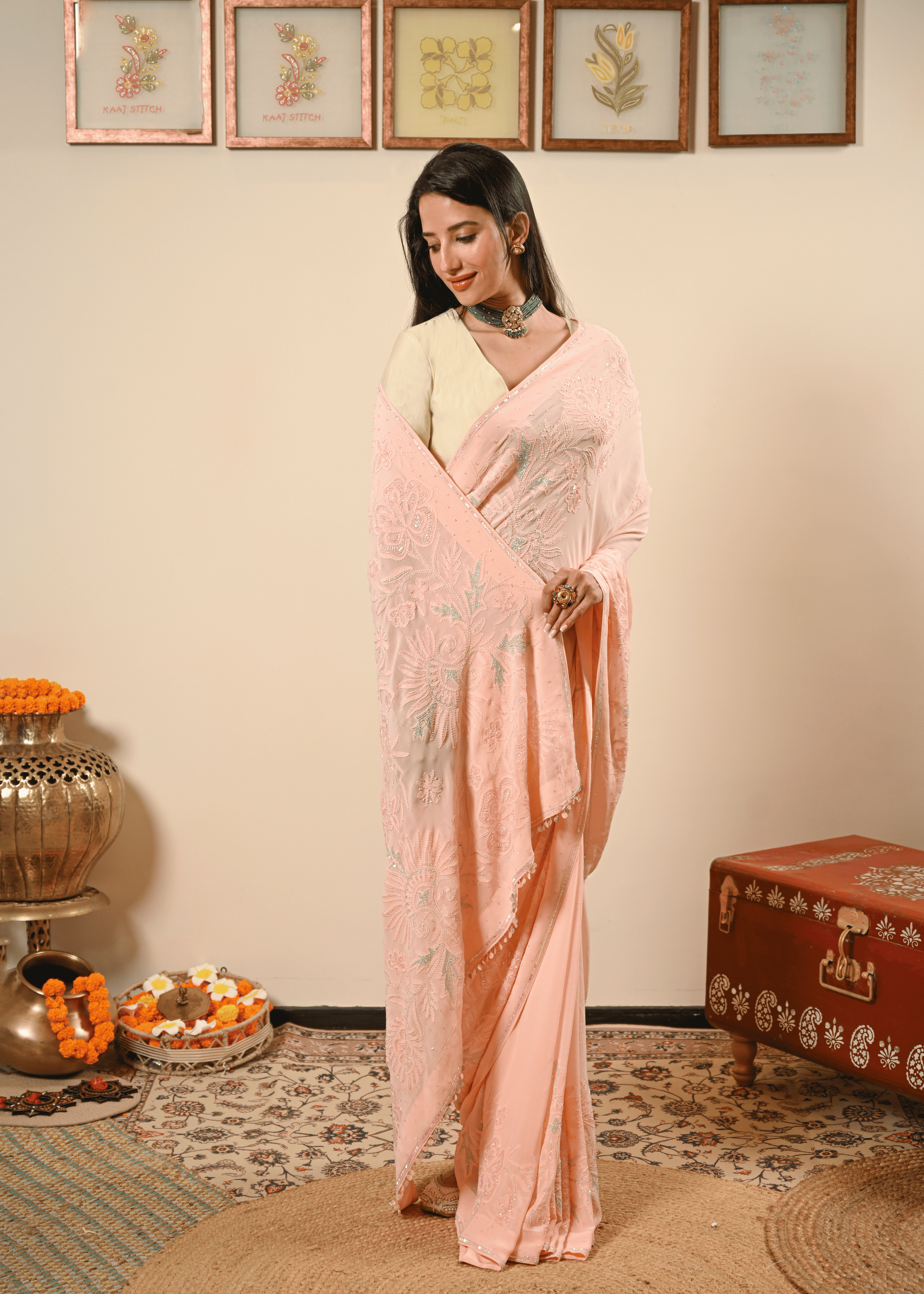 Pastel Hand Embroidered Chikankari Saree | Lucknowi Chikankari