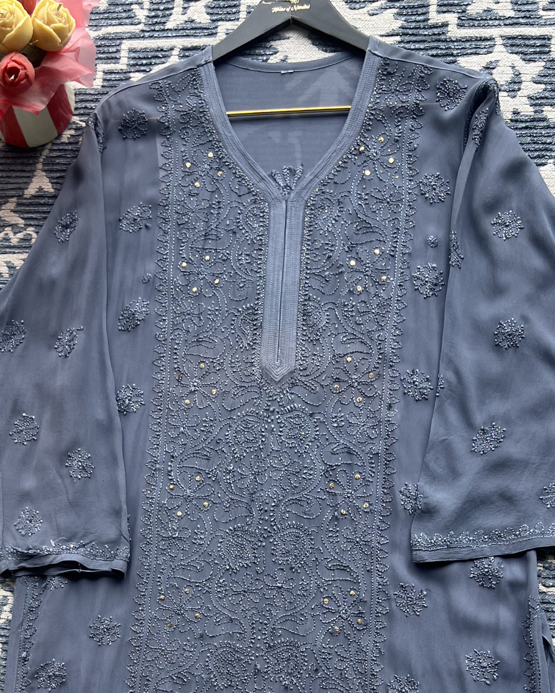 Premium Dark Grey Chikankari Kurti | Elegant Embroidery & Timeless Style