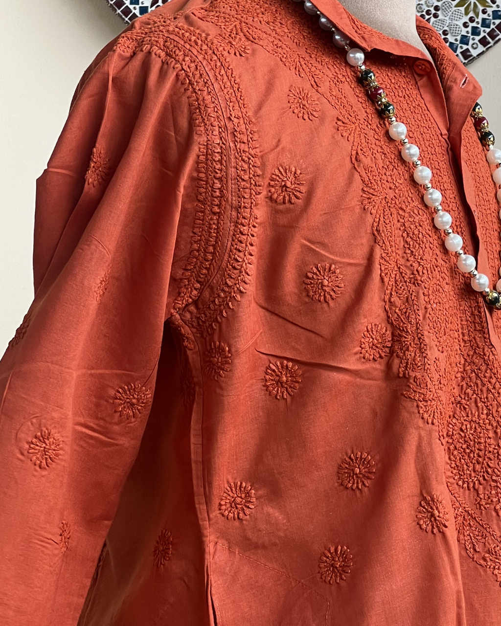 Men’s Orange Chikankari Kurta Size 40 – Tone-on-Tone Hand Embroidered Kurta | House of Nandini