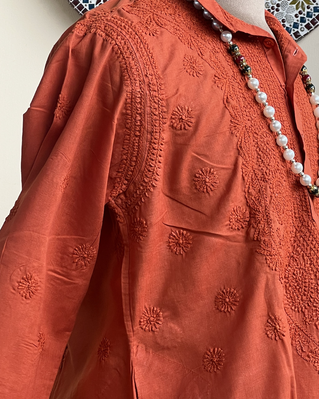 Men’s Orange Chikankari Kurta Size 40 – Tone-on-Tone Hand Embroidered Kurta | House of Nandini