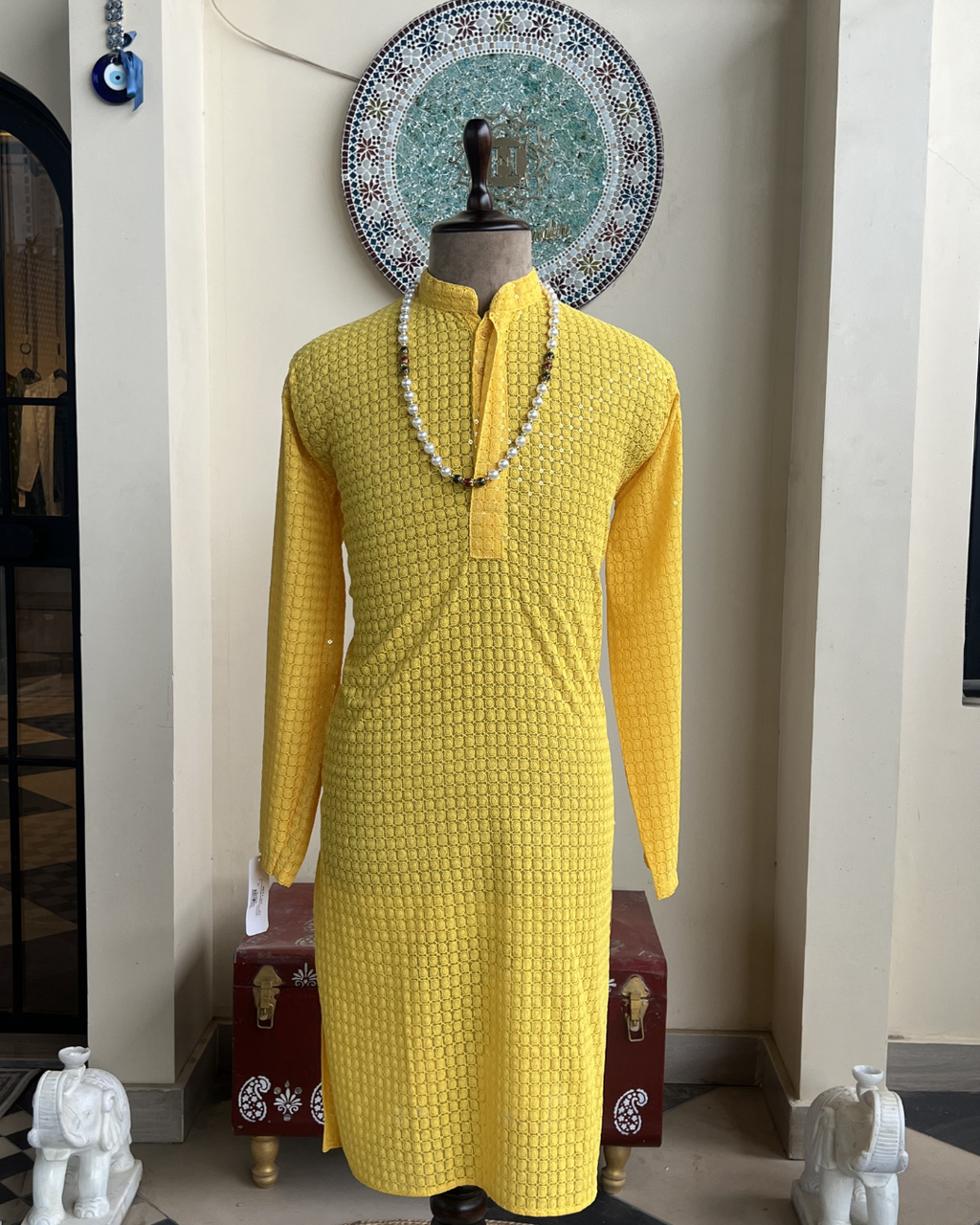 Men’s Yellow Mirror Work Kurta – Handcrafted Ethnic Kurta | Sizes 40-46 | House of Nandini
