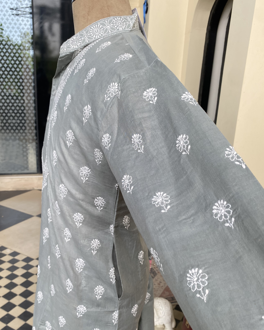 Men’s Grey Chikankari Kurta – Hand Embroidered Single Colour Cotton Kurta | House of Nandini