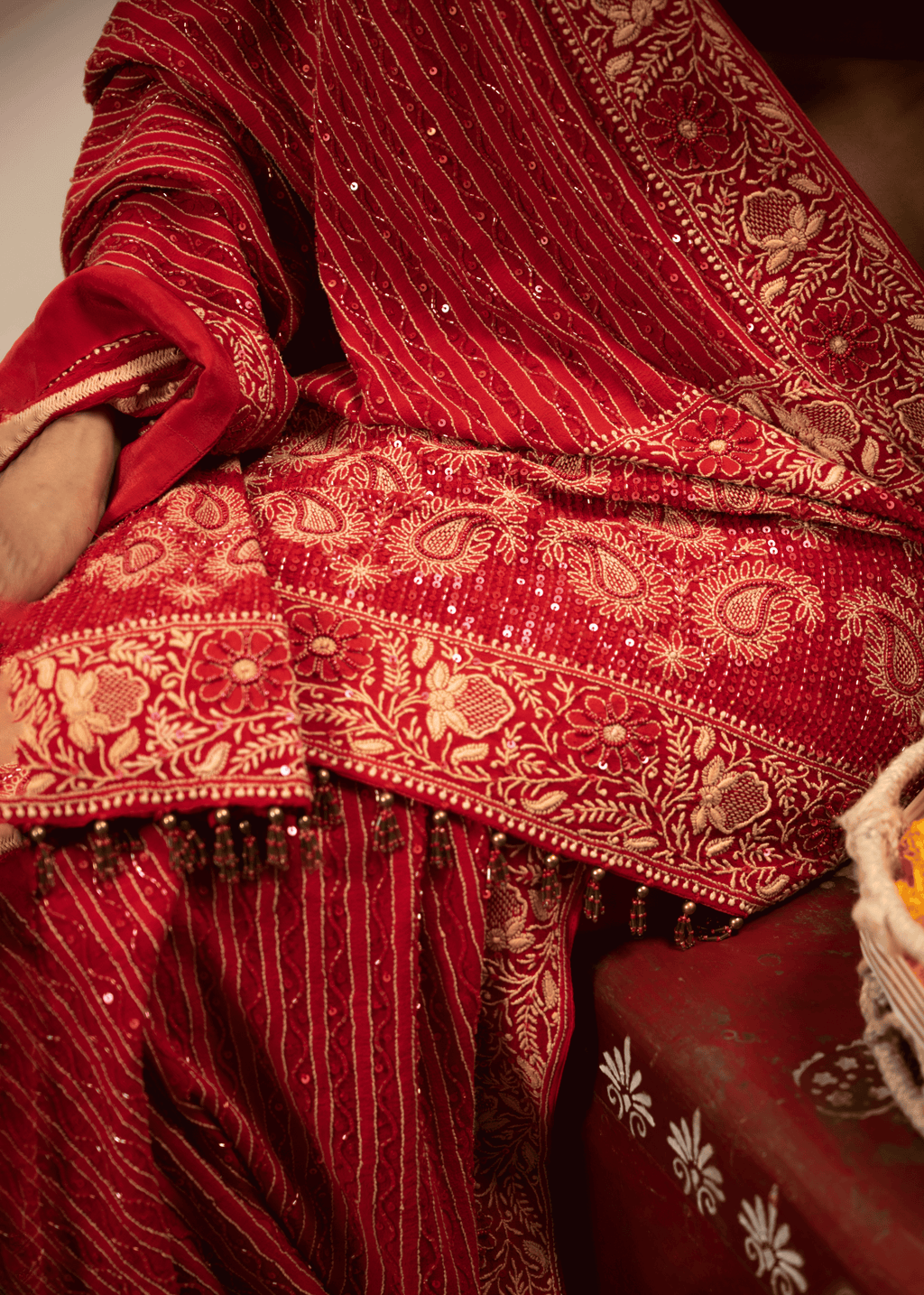 Red Hand Embroidered Saree with Zari & Mukaish Work