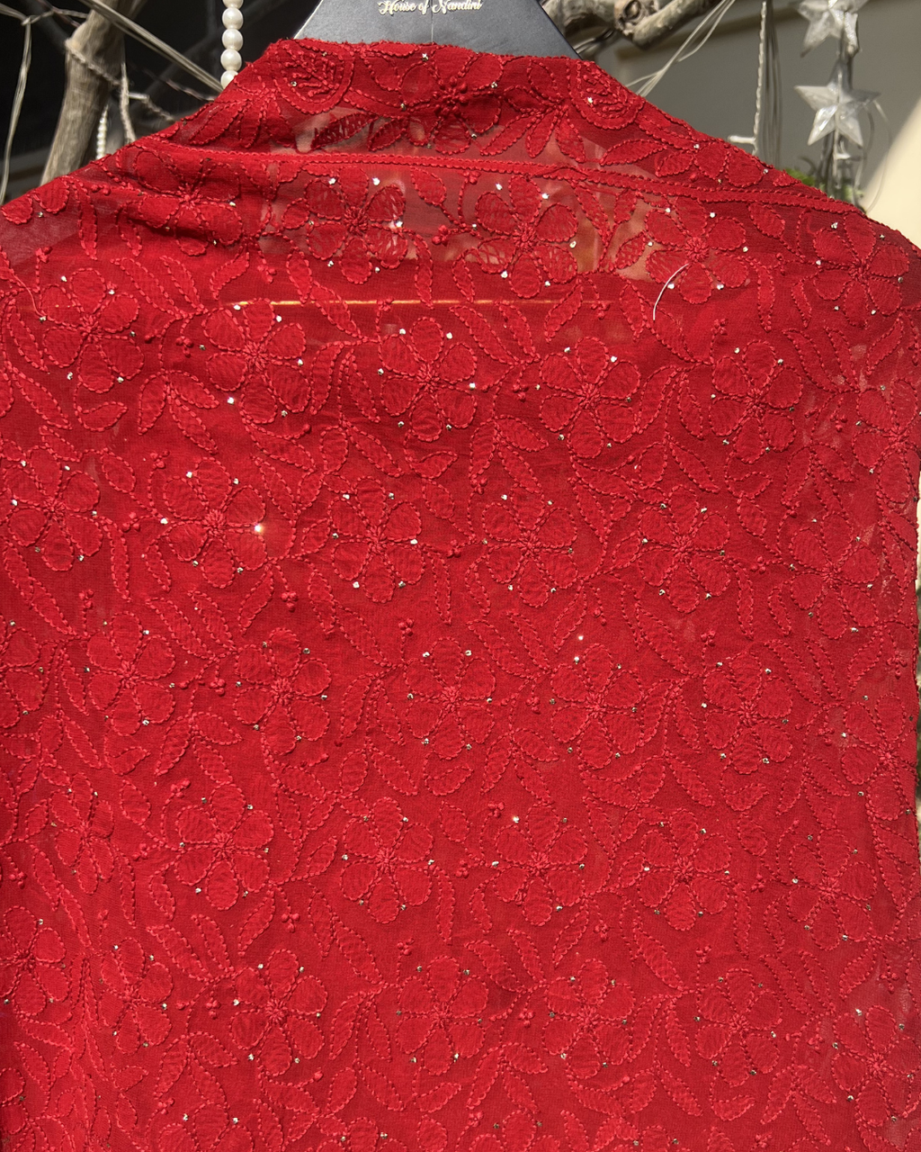 Red Hand Embroidered Chikankari Dupatta
