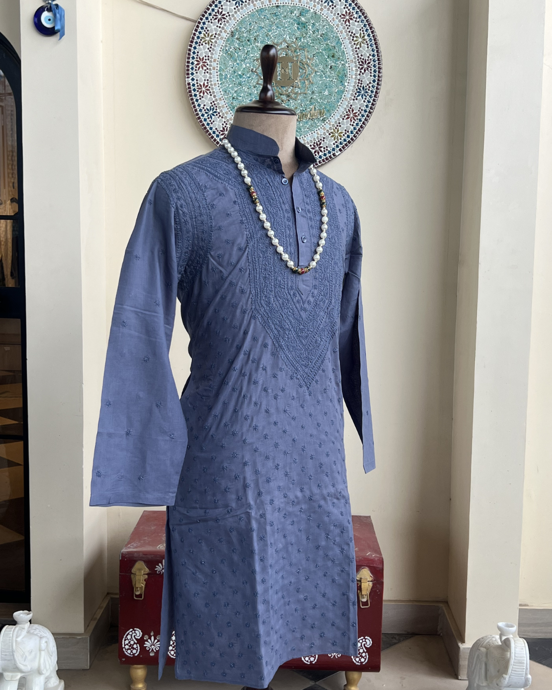 Men’s Dark Blue Chikankari Kurta Size 42 – Same Colour Thread Hand Embroidered Kurta | House of Nandini