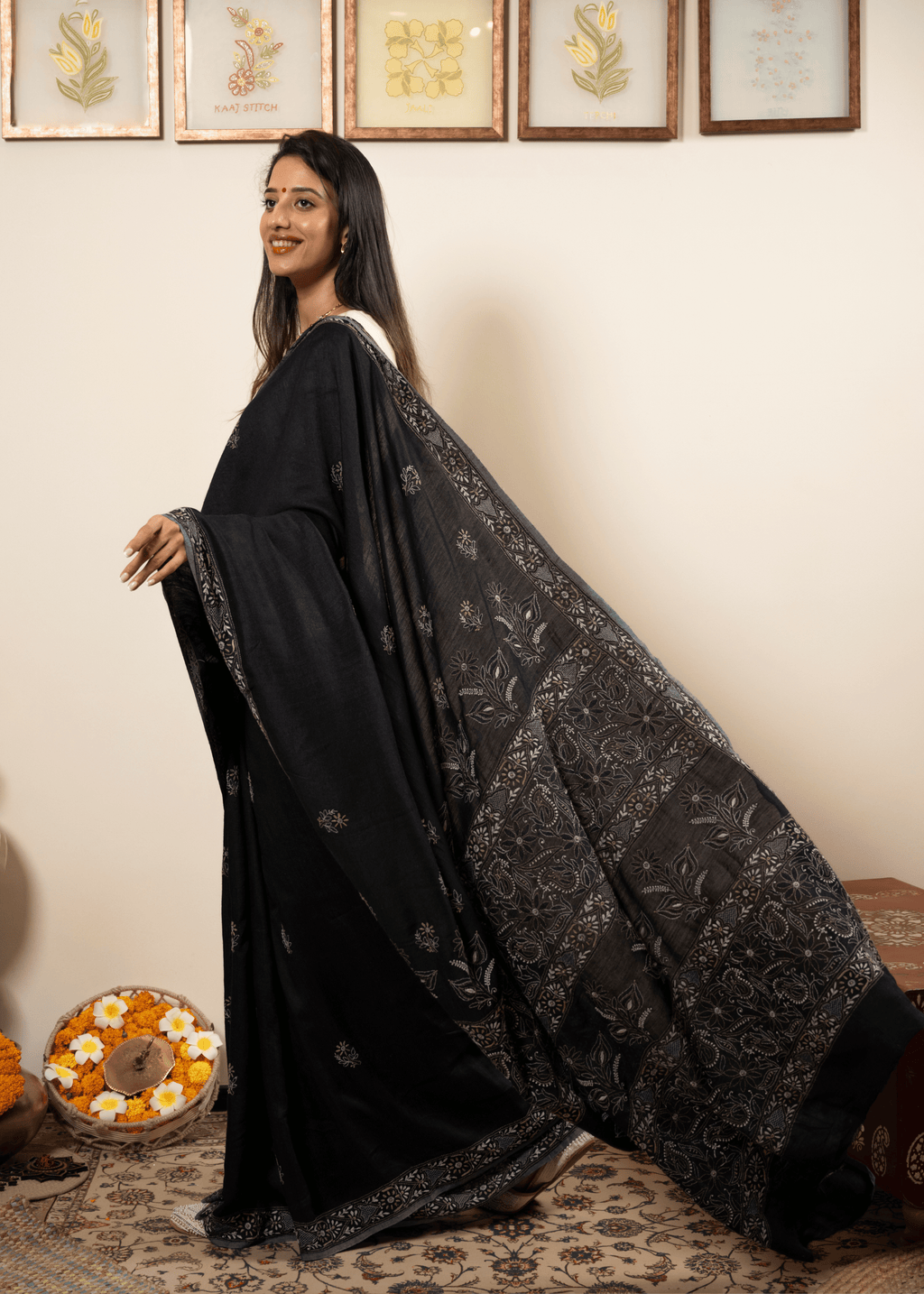 Black Embroidered Chikankari Saree  Lucknowi Chikankari Saree