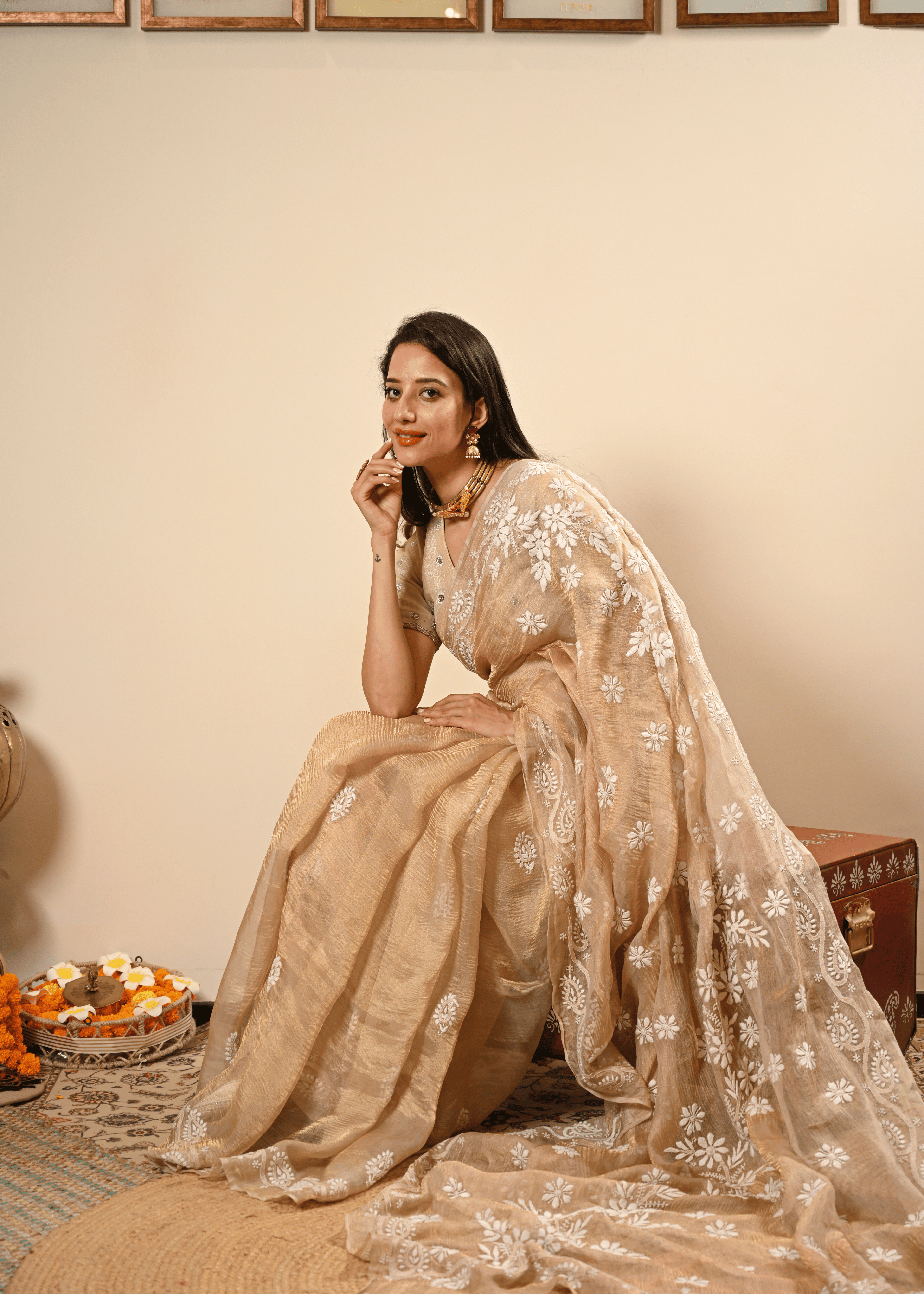 Golden Tissue Hand Embroidered Chikankari Saree