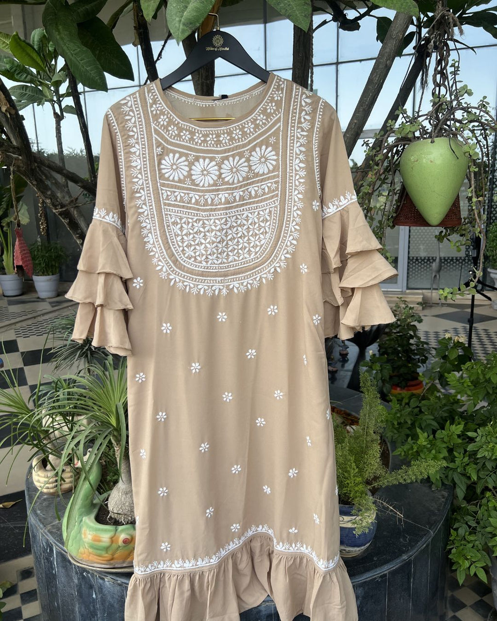 Chocolate Brown Long Chikankari Dress with White Embroidery | Lucknow Chikankari Gurgaon | Chikankari Studio Gurgaon