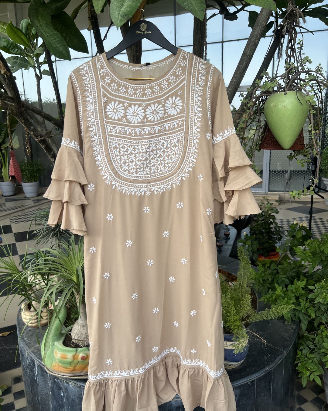 Chocolate Brown Long Chikankari Dress with White Embroidery | Lucknow Chikankari Gurgaon | Chikankari Studio Gurgaon