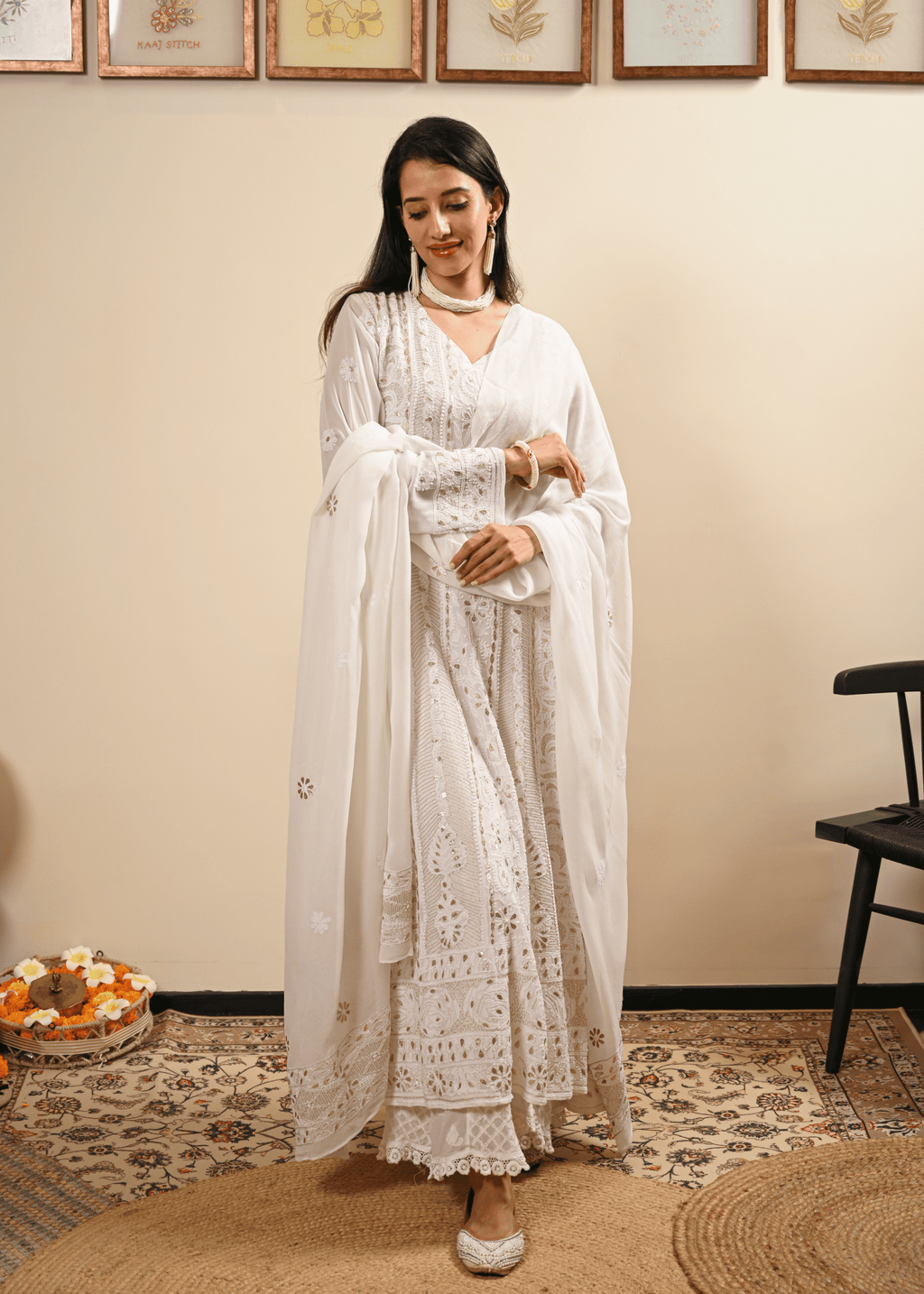 White Chikankari Georgette Anarkali Set