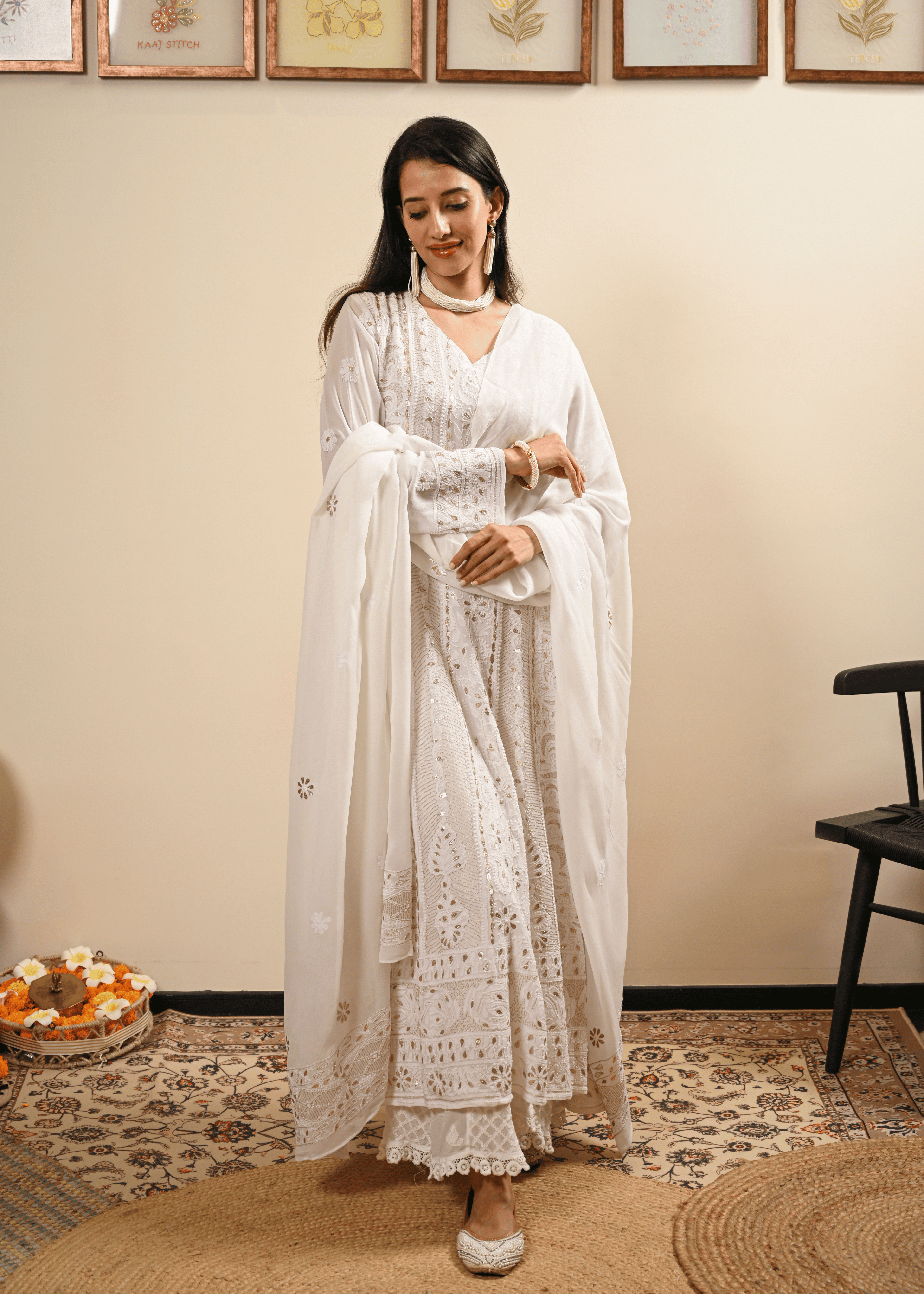 White Chikankari Georgette Anarkali Set