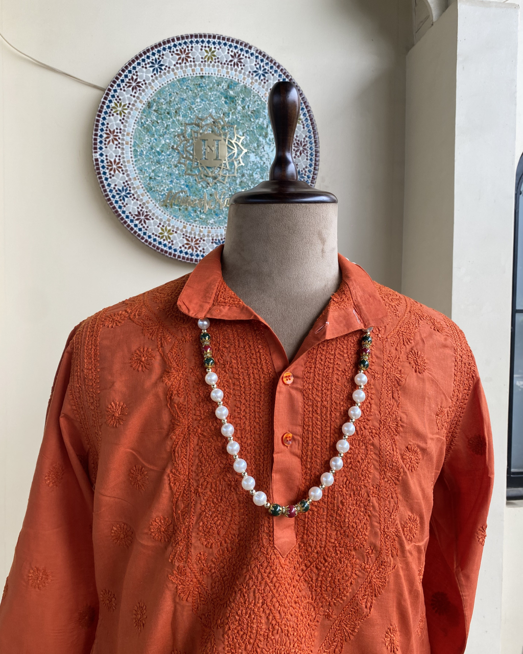 Men’s Orange Chikankari Kurta Size 40 – Tone-on-Tone Hand Embroidered Kurta | House of Nandini