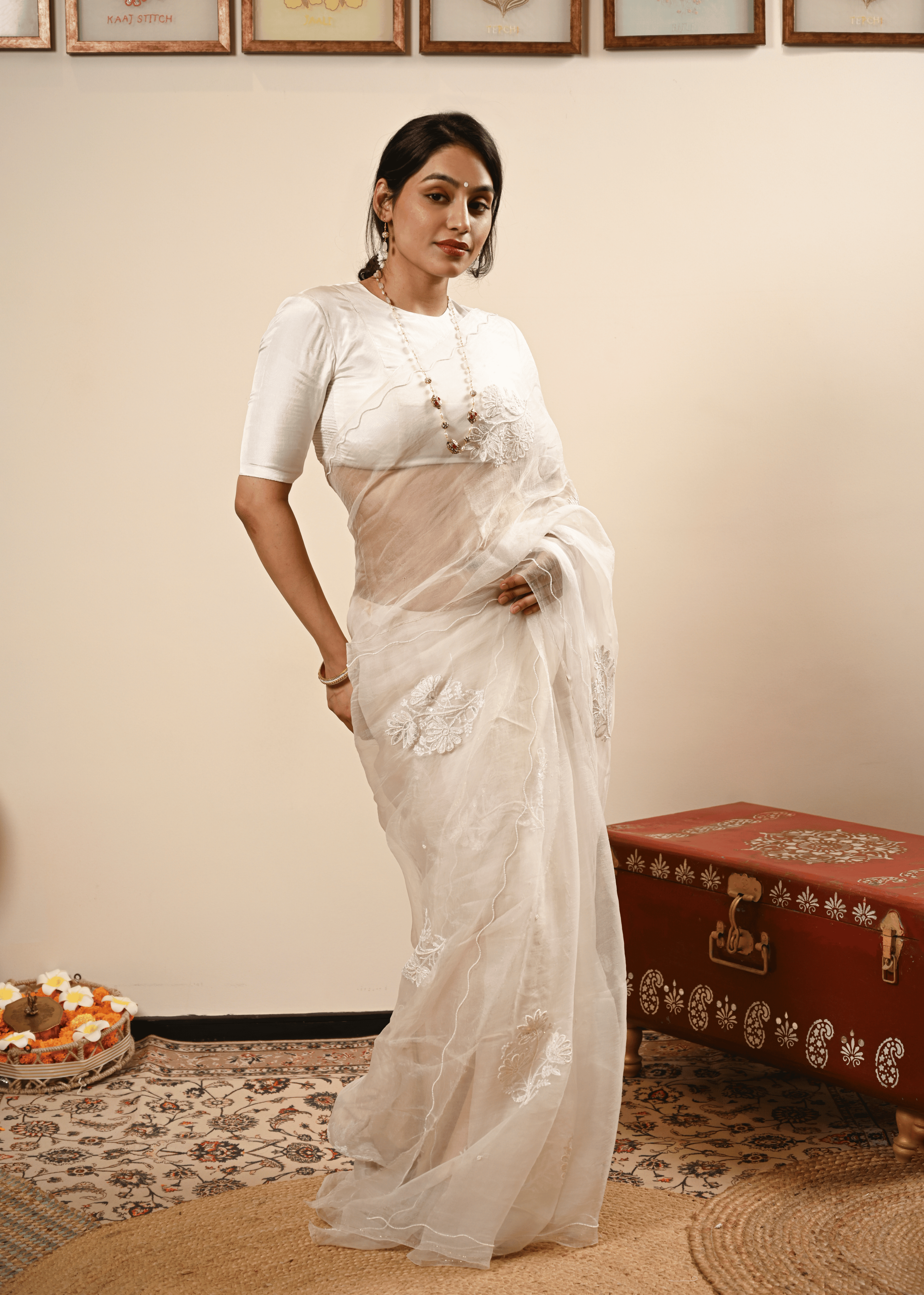Ivory Organza Chikankari Saree