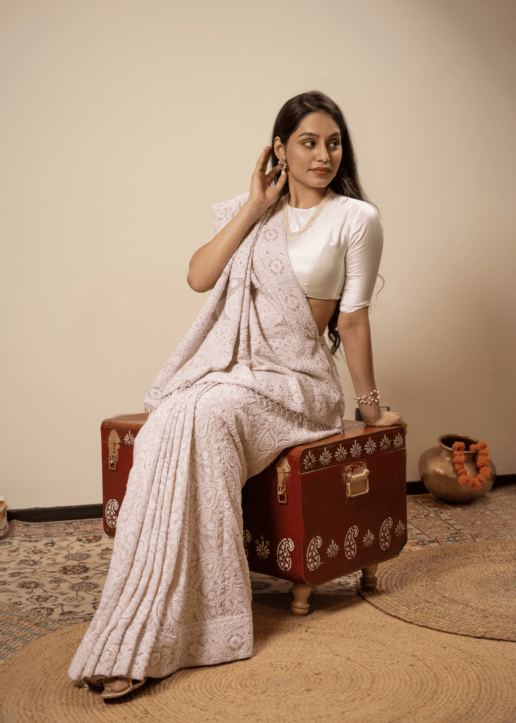 Blush Pink Hand Embroidered Chikankari Saree | Lucknowi Chikankari Saree
