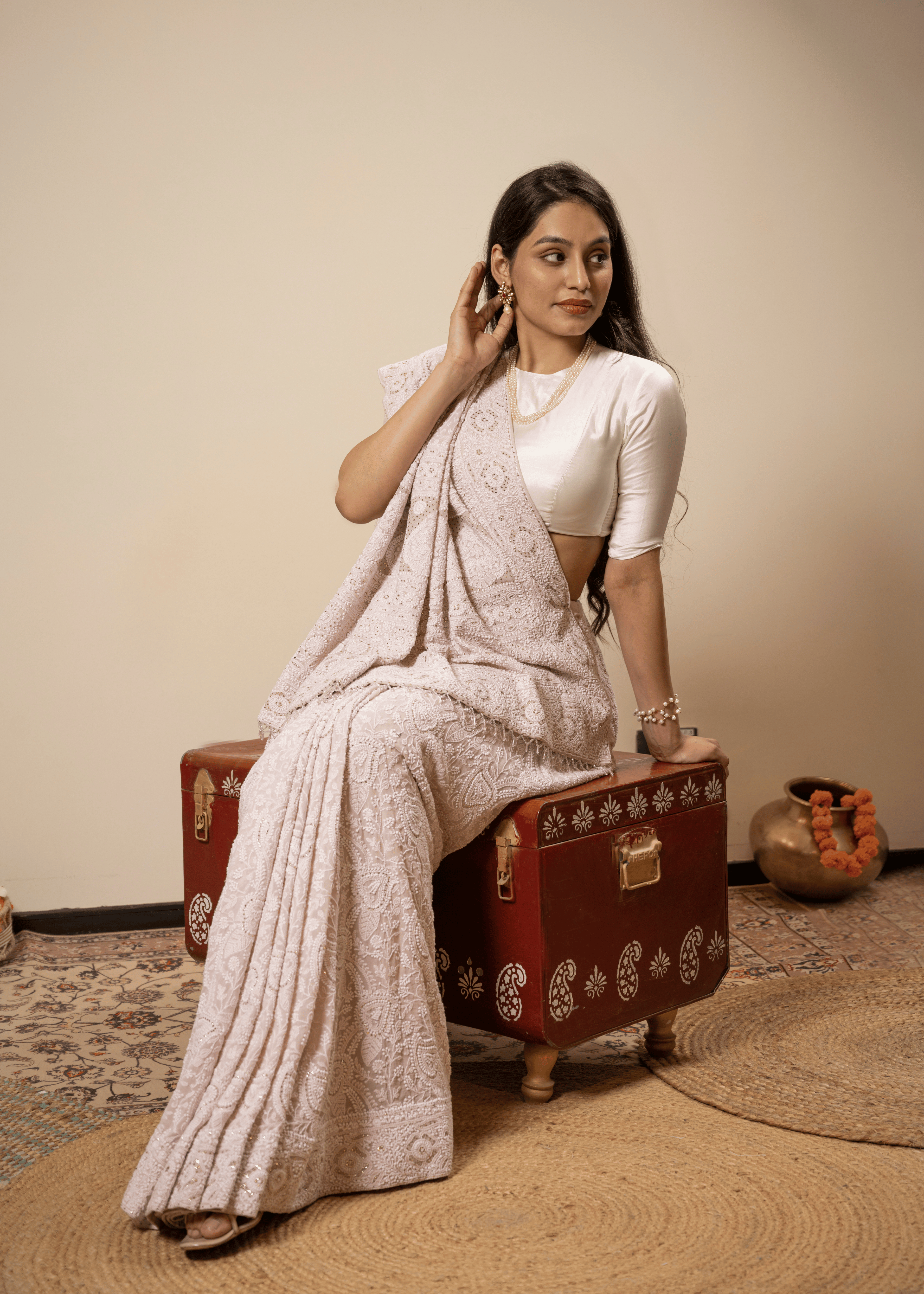 Blush Pink Hand Embroidered Chikankari Saree | Lucknowi Chikankari Saree