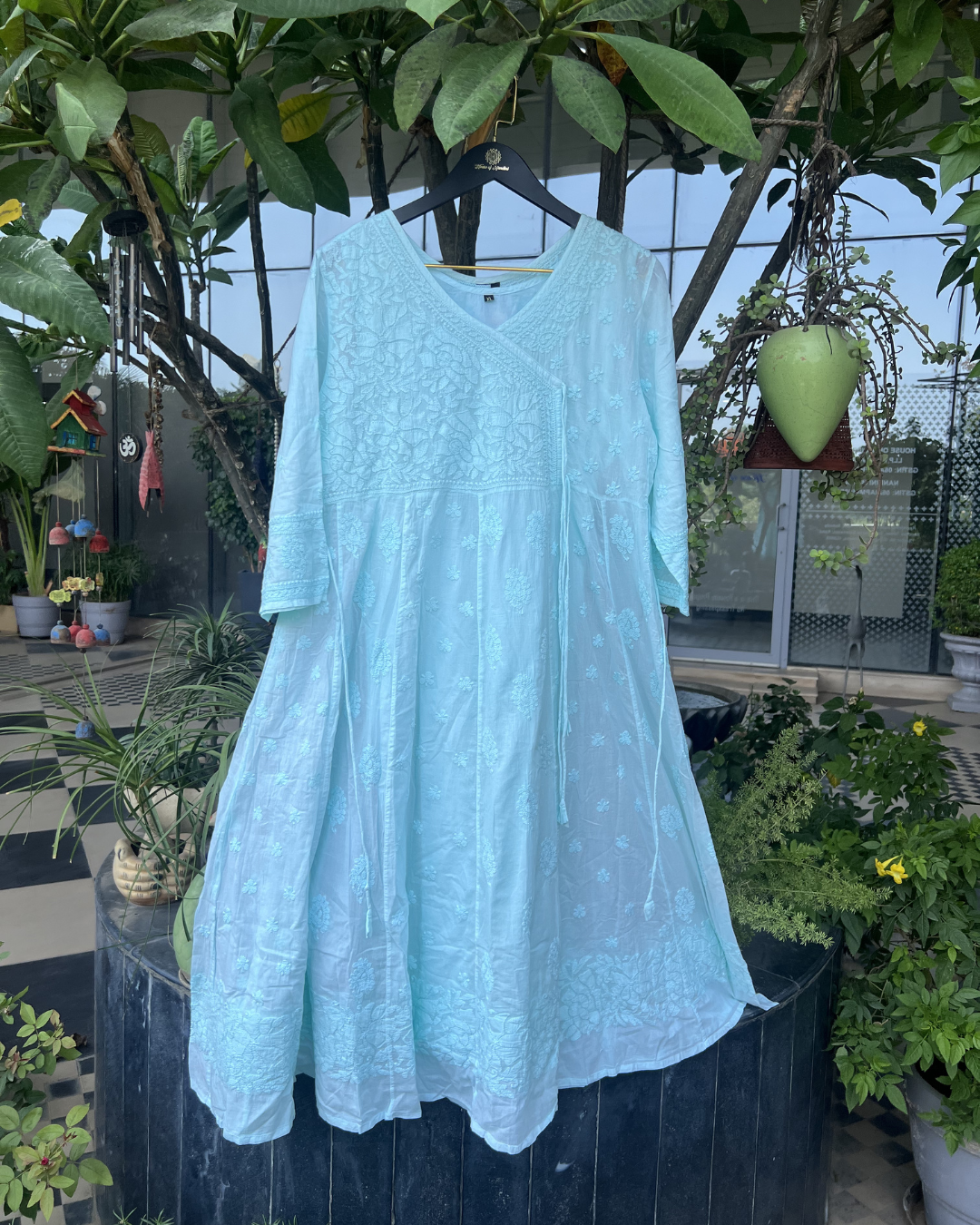 Mint Green Chikankari Angrakha Anarkali Kurta Set – Hand Embroidered Ethnic Wear | House of Nandini