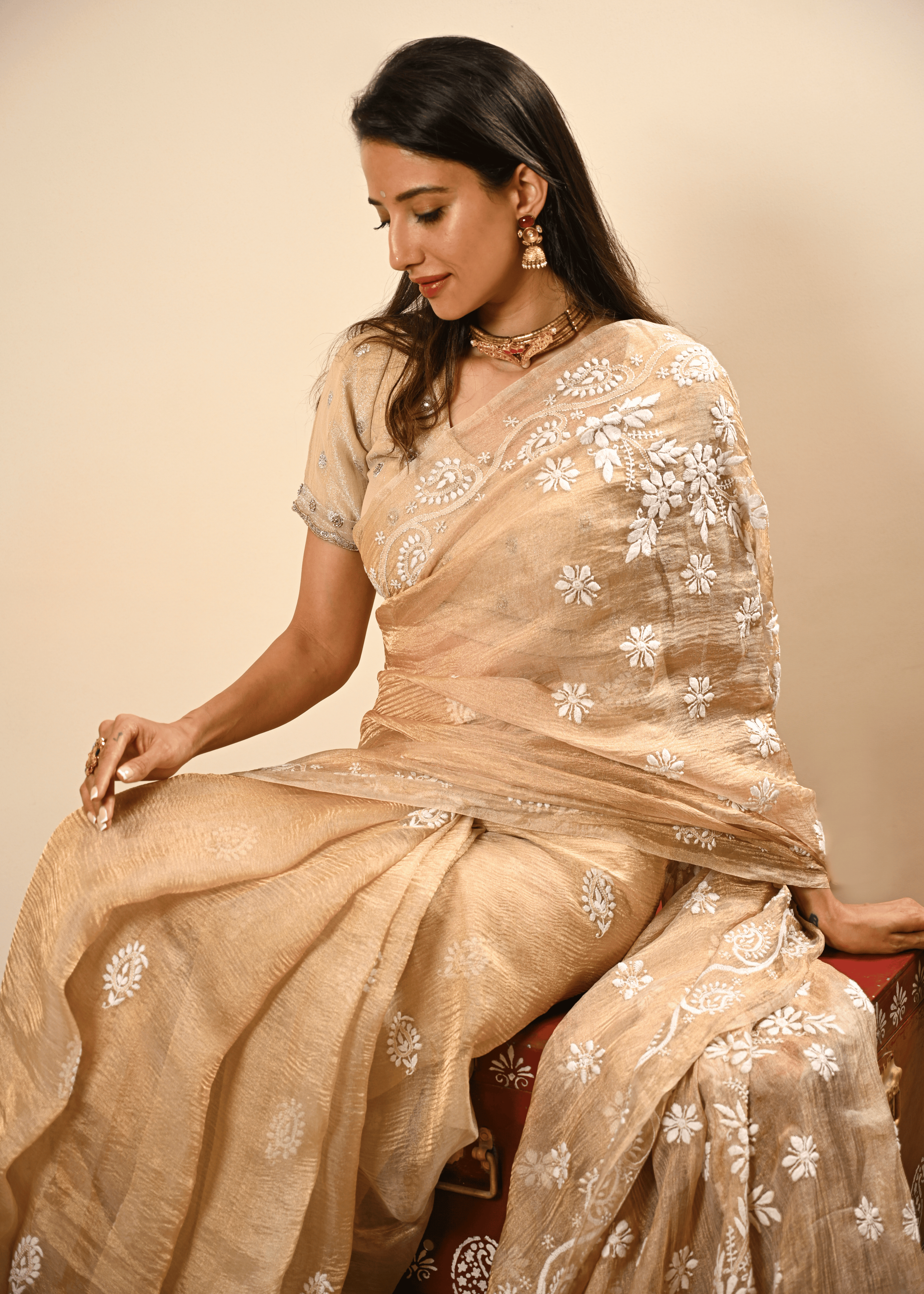 Golden Tissue Hand Embroidered Chikankari Saree
