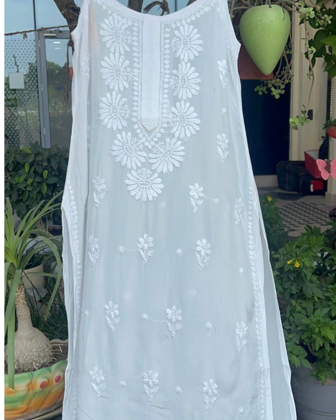 Long Sleeveless Muslin Chikankari Kurti | Hand Embroidered Kurti Collection | Lucknow Chikankari Gurgaon