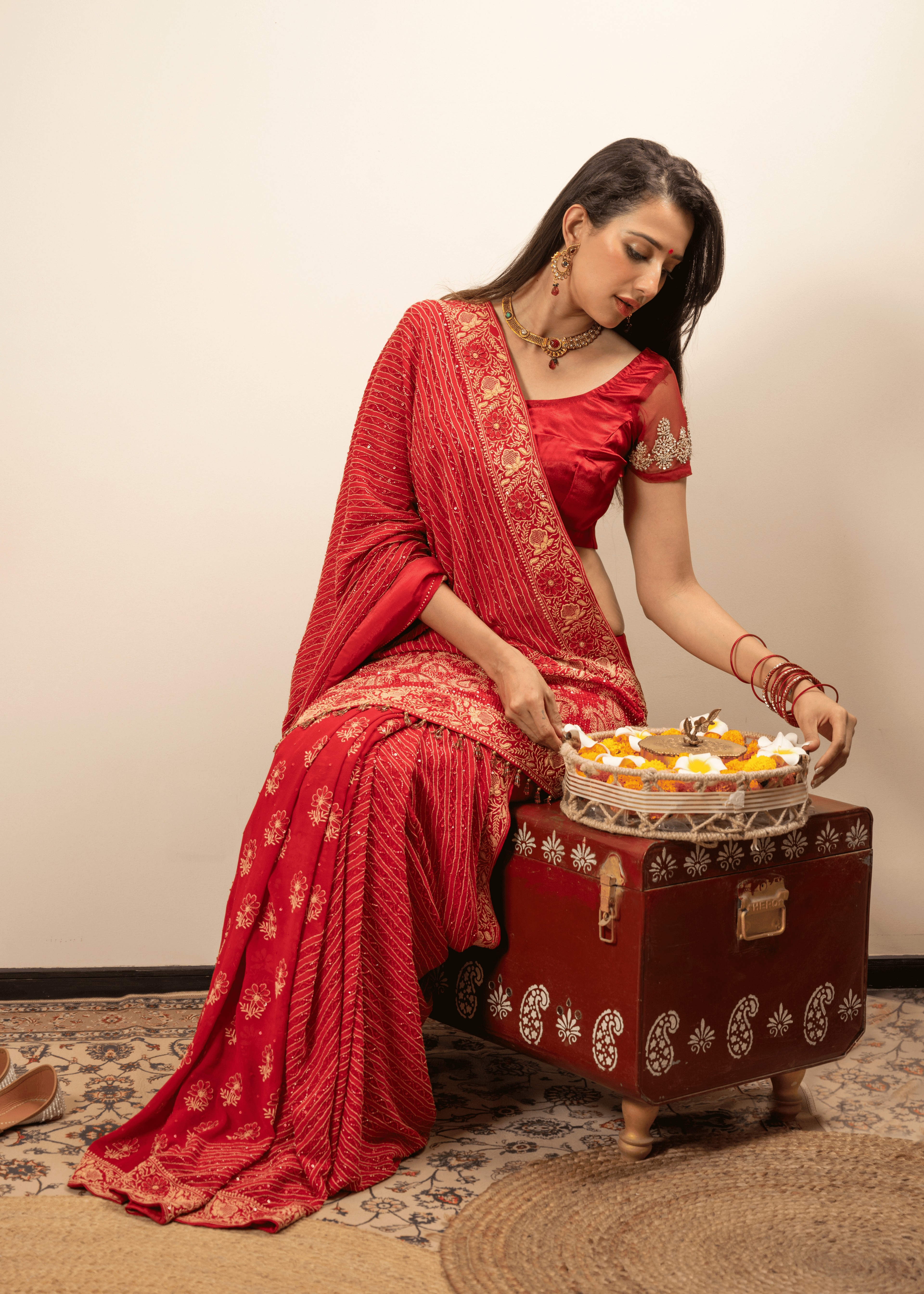 Red Hand Embroidered Saree with Zari & Mukaish Work