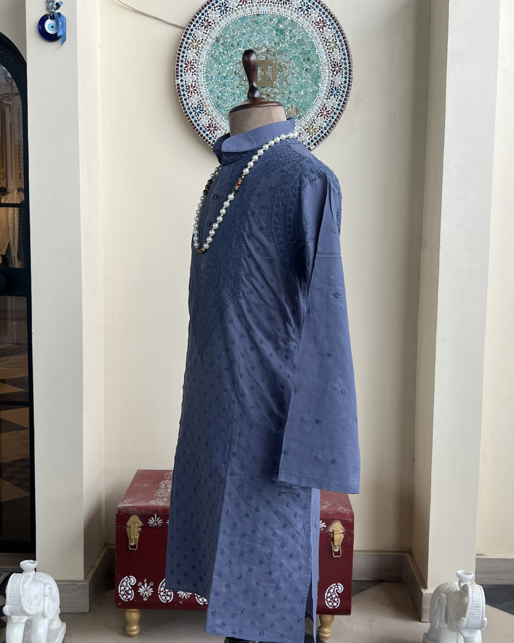 Men’s Dark Blue Chikankari Kurta Size 42 – Same Colour Thread Hand Embroidered Kurta | House of Nandini