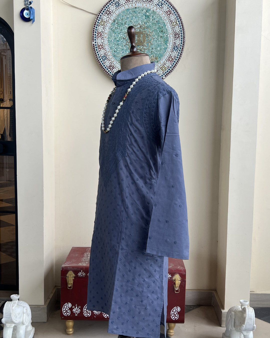 Men’s Dark Blue Chikankari Kurta Size 42 – Same Colour Thread Hand Embroidered Kurta | House of Nandini