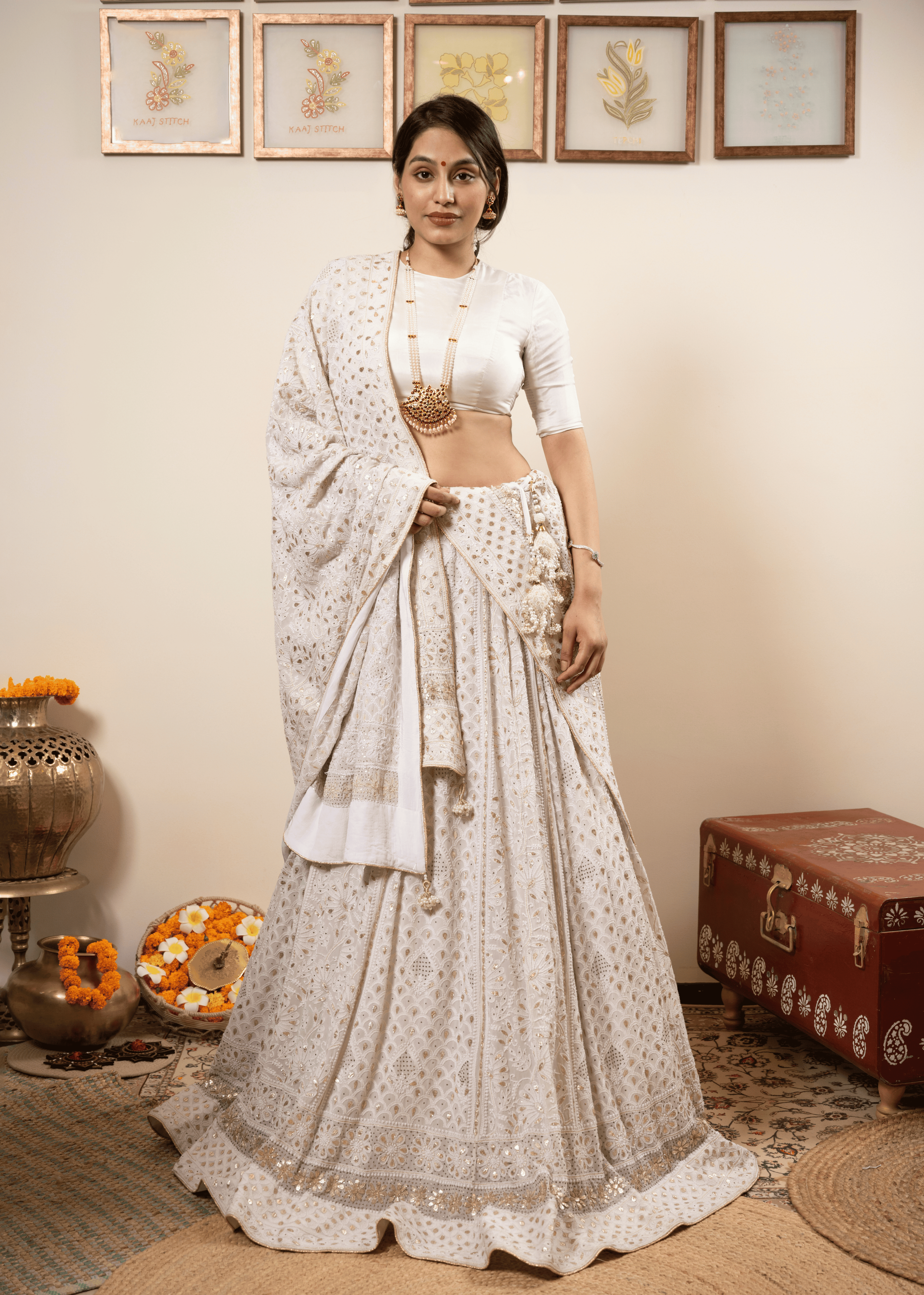 Hand Embroidered White Lehenga Lucknowi Chikankari