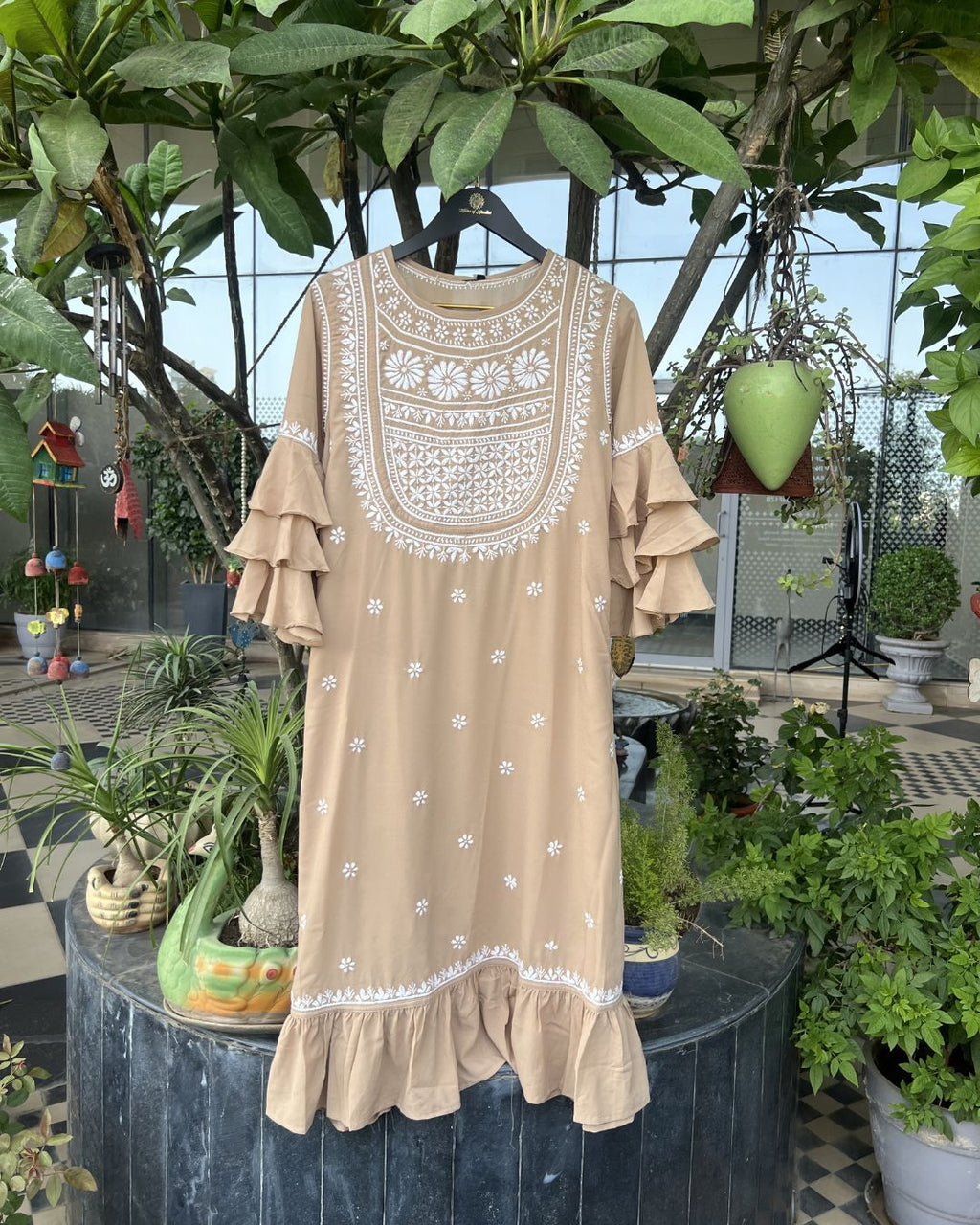 Chocolate Brown Long Chikankari Dress with White Embroidery | Lucknow Chikankari Gurgaon | Chikankari Studio Gurgaon