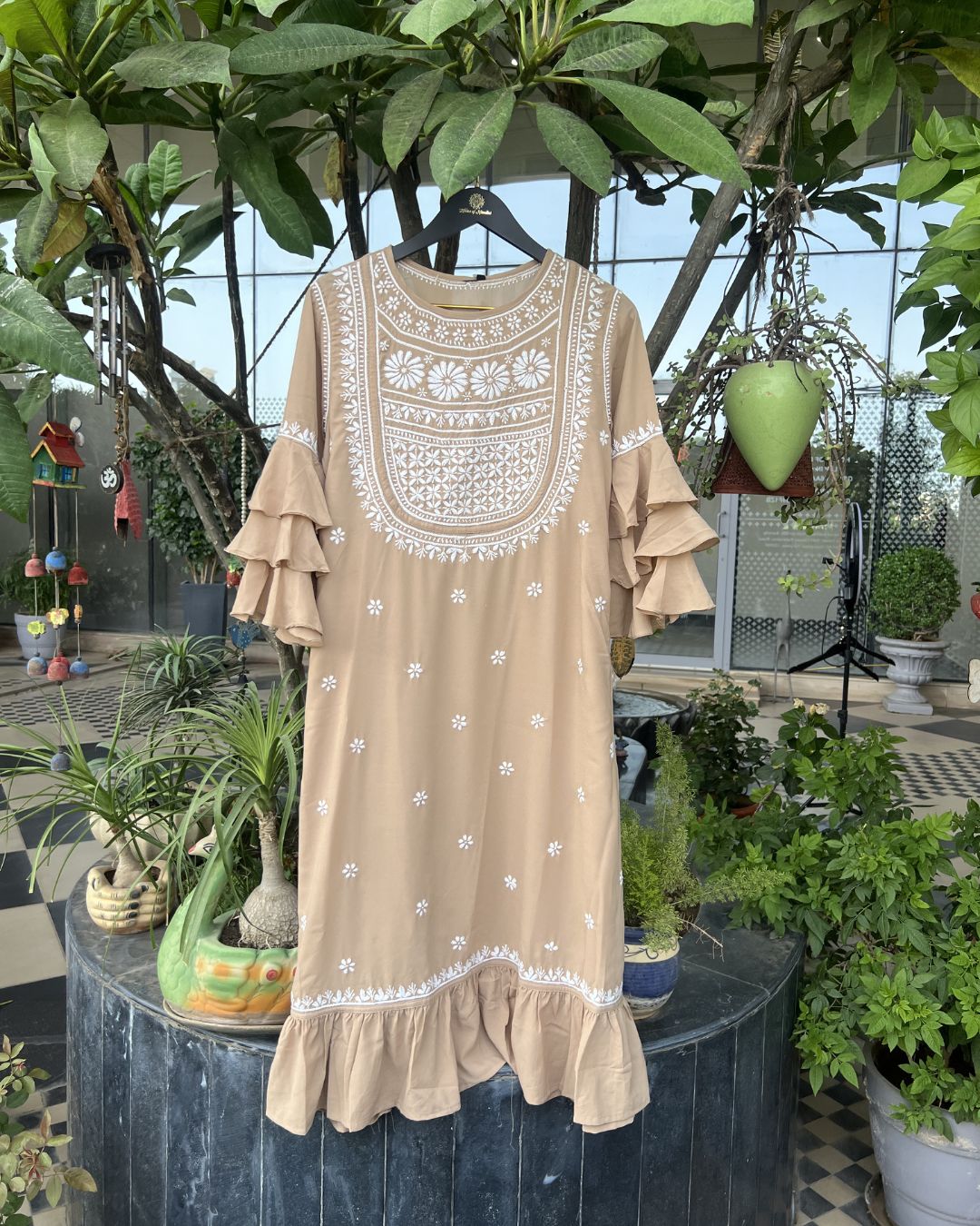 Chocolate Brown Long Chikankari Dress with White Embroidery | Lucknow Chikankari Gurgaon | Chikankari Studio Gurgaon
