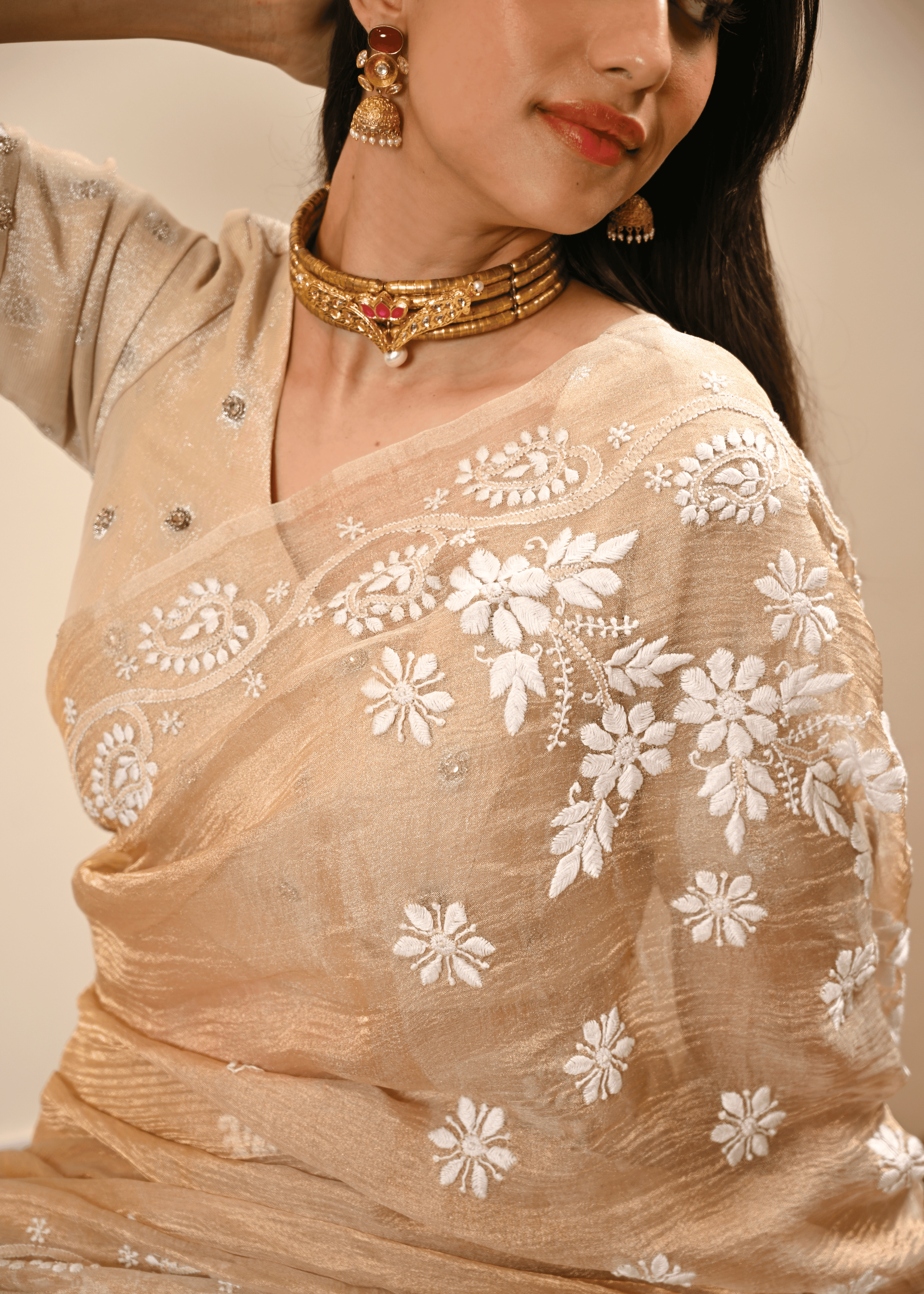 Golden Tissue Hand Embroidered Chikankari Saree