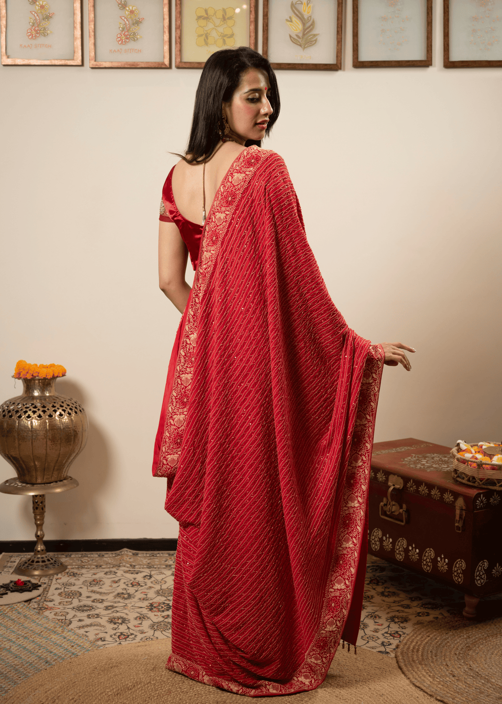 Red Hand Embroidered Saree with Zari & Mukaish Work