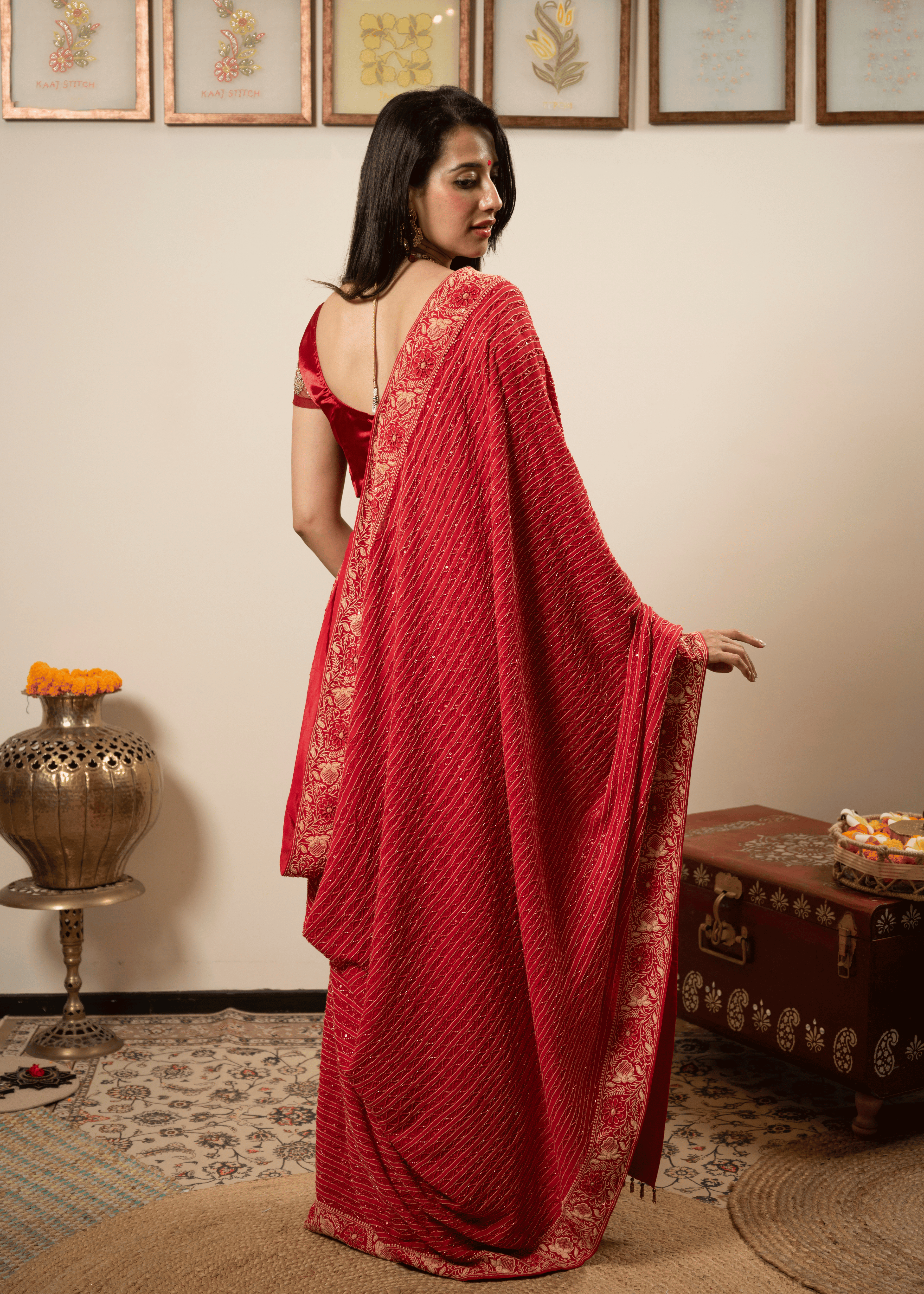 Red Hand Embroidered Saree with Zari & Mukaish Work