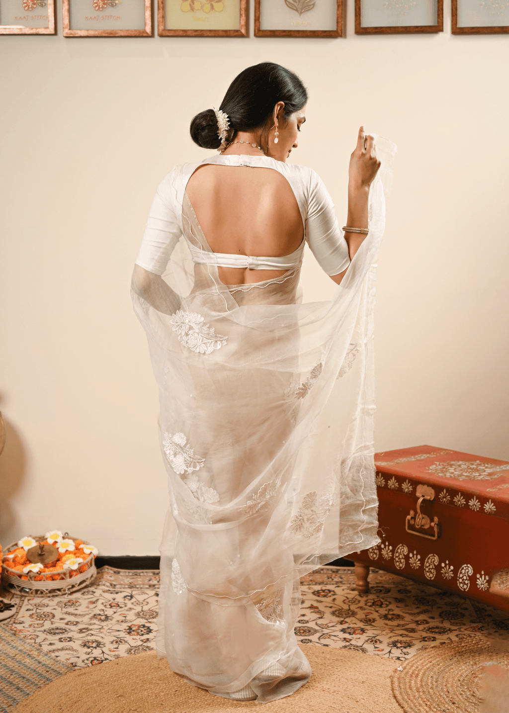 Ivory Organza Chikankari Saree
